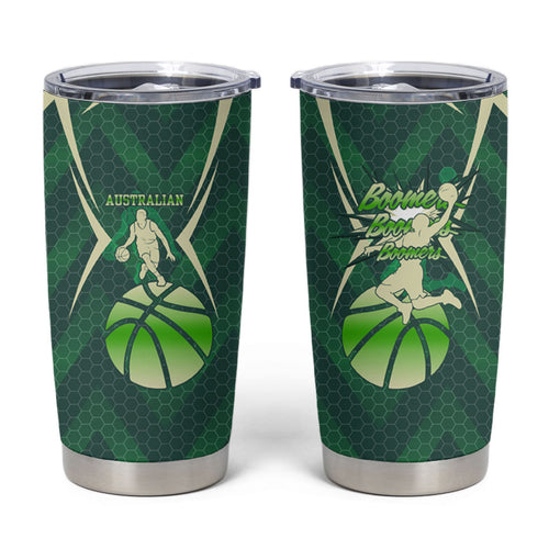Australian Boomers Basketball Tumbler Cup Green Hexagon Camo Style With Dynamic Slam Dunk Graphic
