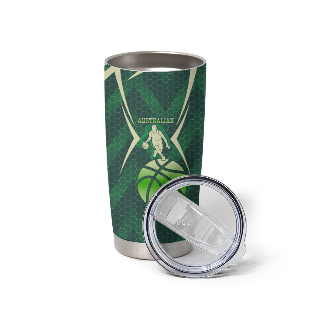 Australian Boomers Basketball Tumbler Cup Green Hexagon Camo Style With Dynamic Slam Dunk Graphic
