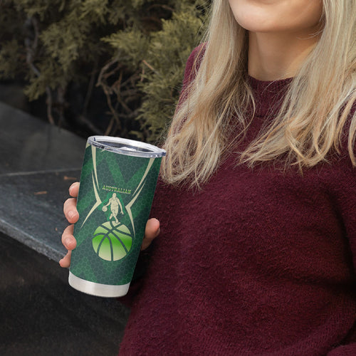Australian Boomers Basketball Tumbler Cup Green Hexagon Camo Style With Dynamic Slam Dunk Graphic