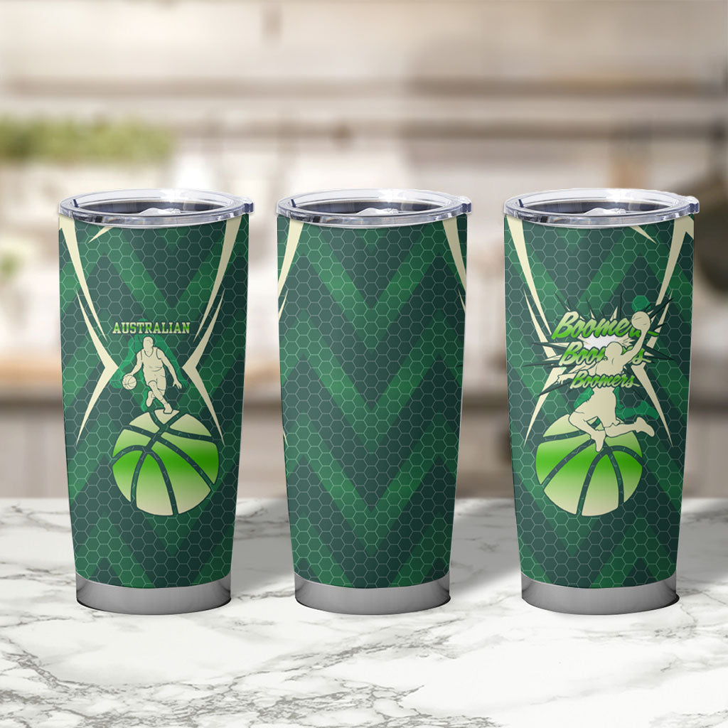 Australian Boomers Basketball Tumbler Cup Green Hexagon Camo Style With Dynamic Slam Dunk Graphic