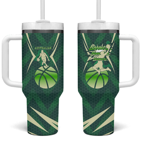 Australian Boomers Basketball Tumbler With Handle Green Hexagon Camo Style With Dynamic Slam Dunk Graphic