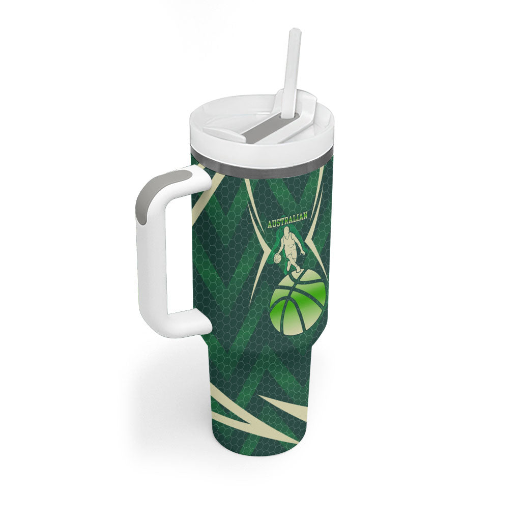 Australian Boomers Basketball Tumbler With Handle Green Hexagon Camo Style With Dynamic Slam Dunk Graphic