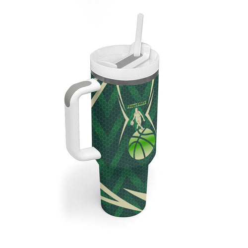 Australian Boomers Basketball Tumbler With Handle Green Hexagon Camo Style With Dynamic Slam Dunk Graphic