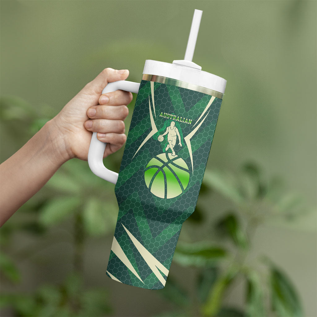 Australian Boomers Basketball Tumbler With Handle Green Hexagon Camo Style With Dynamic Slam Dunk Graphic