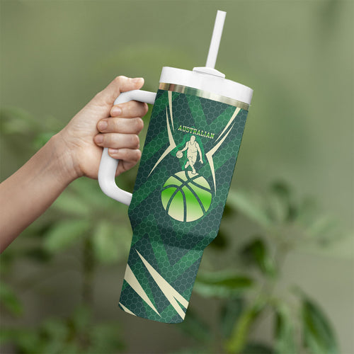 Australian Boomers Basketball Tumbler With Handle Green Hexagon Camo Style With Dynamic Slam Dunk Graphic