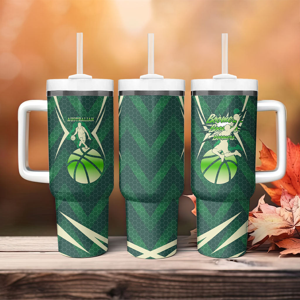 Australian Boomers Basketball Tumbler With Handle Green Hexagon Camo Style With Dynamic Slam Dunk Graphic
