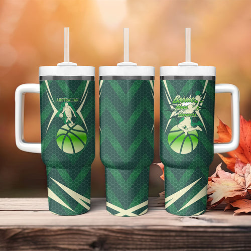 Australian Boomers Basketball Tumbler With Handle Green Hexagon Camo Style With Dynamic Slam Dunk Graphic