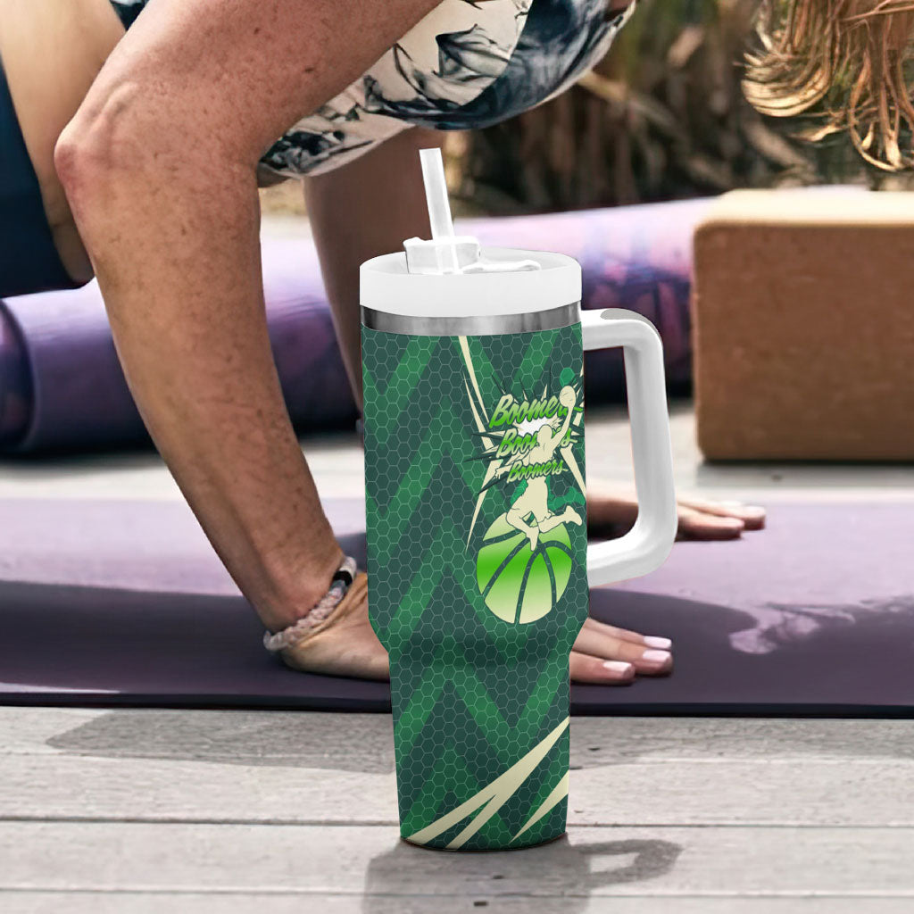 Australian Boomers Basketball Tumbler With Handle Green Hexagon Camo Style With Dynamic Slam Dunk Graphic