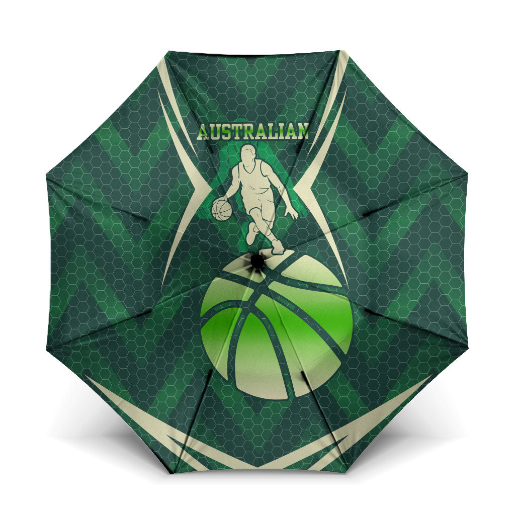 Australian Boomers Basketball Umbrella Green Hexagon Camo Style With Dynamic Slam Dunk Graphic