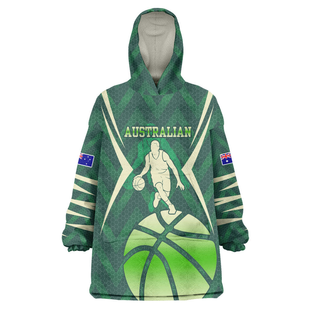 Australian Boomers Basketball Wearable Blanket Hoodie Green Hexagon Camo Style With Dynamic Slam Dunk Graphic