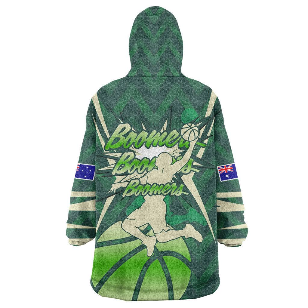 Australian Boomers Basketball Wearable Blanket Hoodie Green Hexagon Camo Style With Dynamic Slam Dunk Graphic
