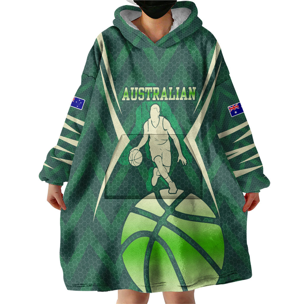 Australian Boomers Basketball Wearable Blanket Hoodie Green Hexagon Camo Style With Dynamic Slam Dunk Graphic