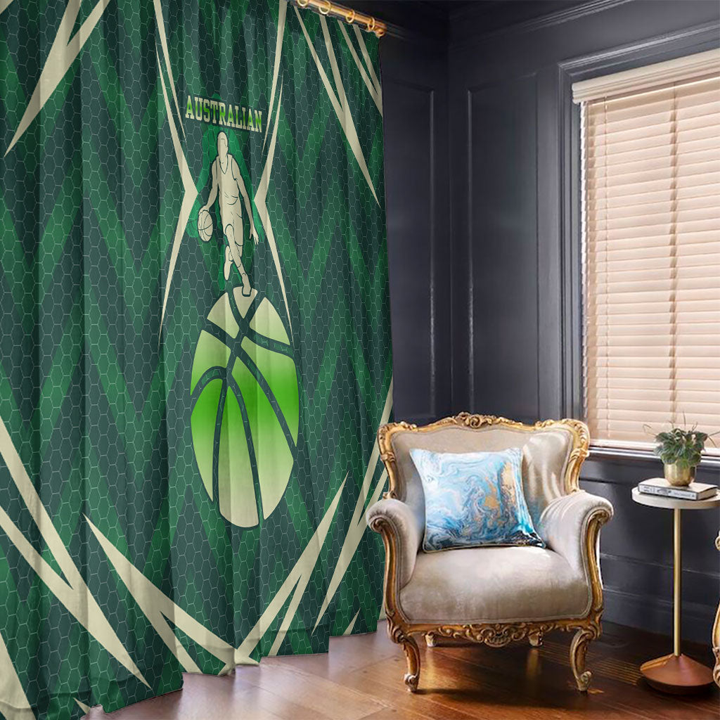 Australian Boomers Basketball Window Curtain Green Hexagon Camo Style With Dynamic Slam Dunk Graphic