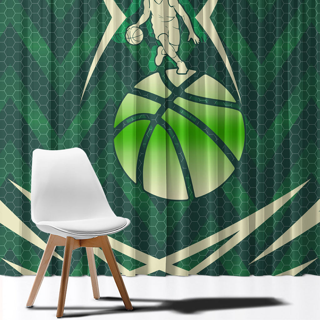 Australian Boomers Basketball Window Curtain Green Hexagon Camo Style With Dynamic Slam Dunk Graphic
