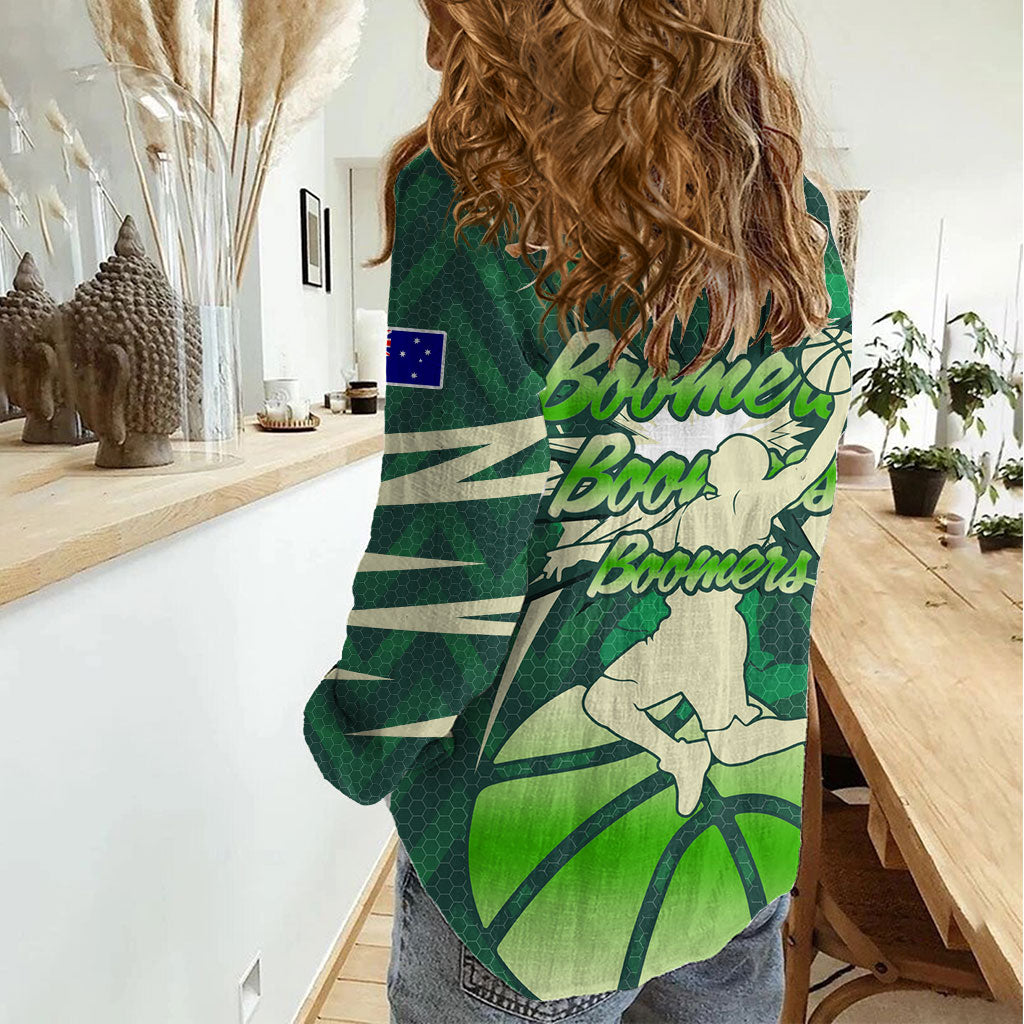 Australian Boomers Basketball Women Casual Shirt Green Hexagon Camo Style With Dynamic Slam Dunk Graphic