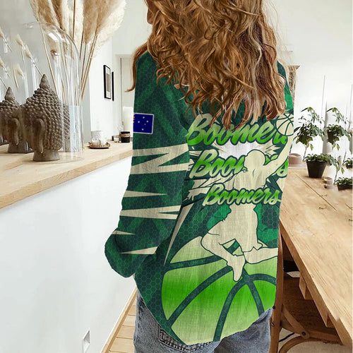 Australian Boomers Basketball Women Casual Shirt Green Hexagon Camo Style With Dynamic Slam Dunk Graphic