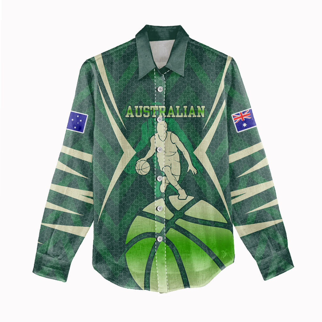 Australian Boomers Basketball Women Casual Shirt Green Hexagon Camo Style With Dynamic Slam Dunk Graphic