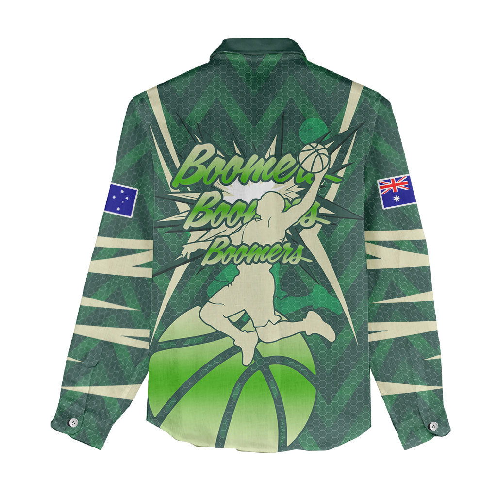 Australian Boomers Basketball Women Casual Shirt Green Hexagon Camo Style With Dynamic Slam Dunk Graphic