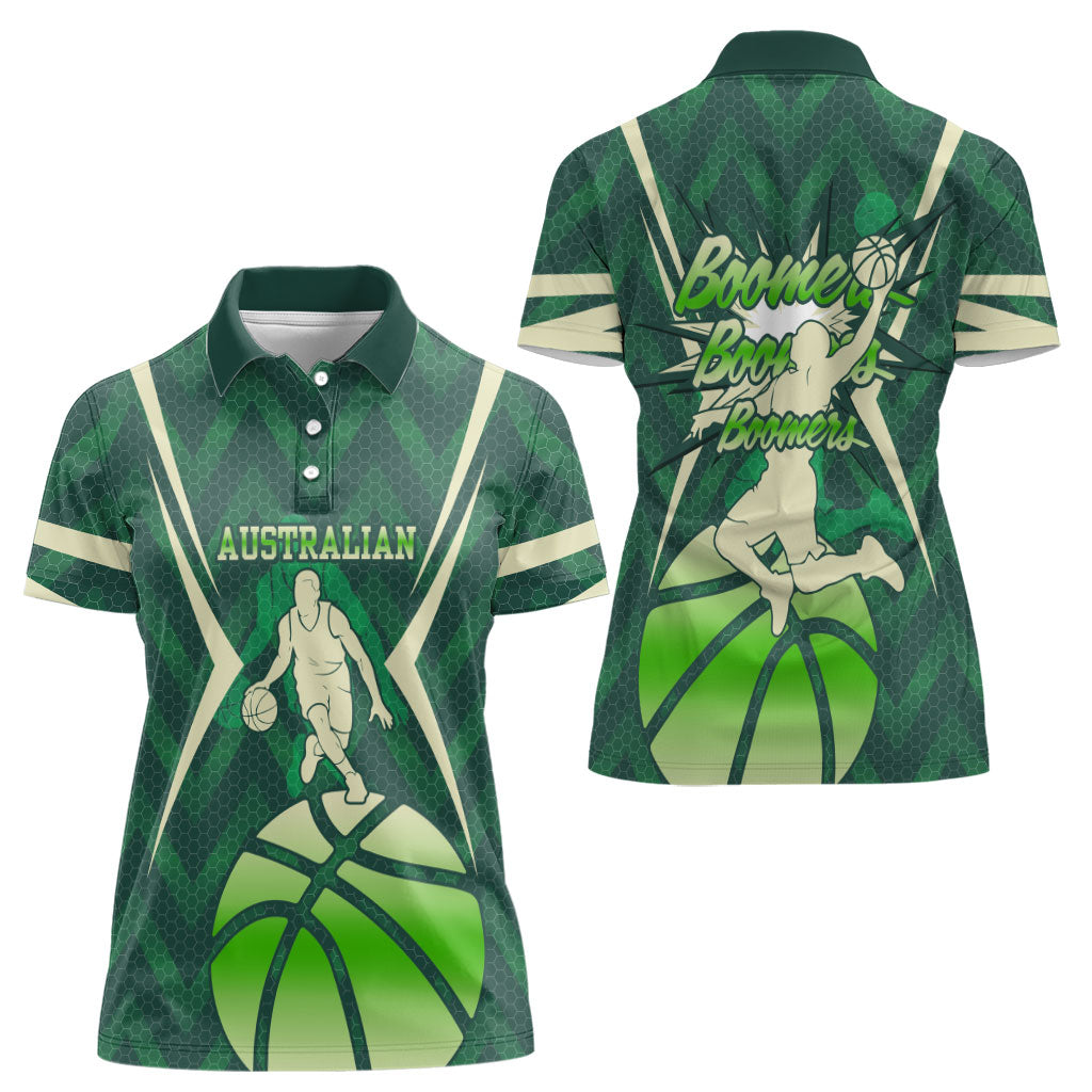 Australian Boomers Basketball Women Polo Shirt Green Hexagon Camo Style With Dynamic Slam Dunk Graphic