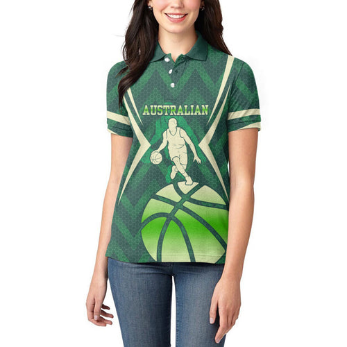 Australian Boomers Basketball Women Polo Shirt Green Hexagon Camo Style With Dynamic Slam Dunk Graphic