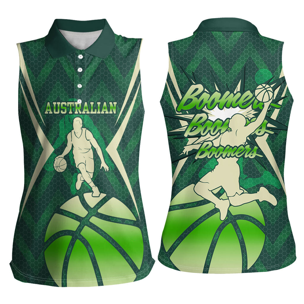 Australian Boomers Basketball Women Sleeveless Polo Shirt Green Hexagon Camo Style With Dynamic Slam Dunk Graphic