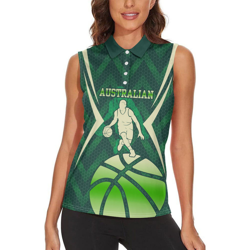Australian Boomers Basketball Women Sleeveless Polo Shirt Green Hexagon Camo Style With Dynamic Slam Dunk Graphic