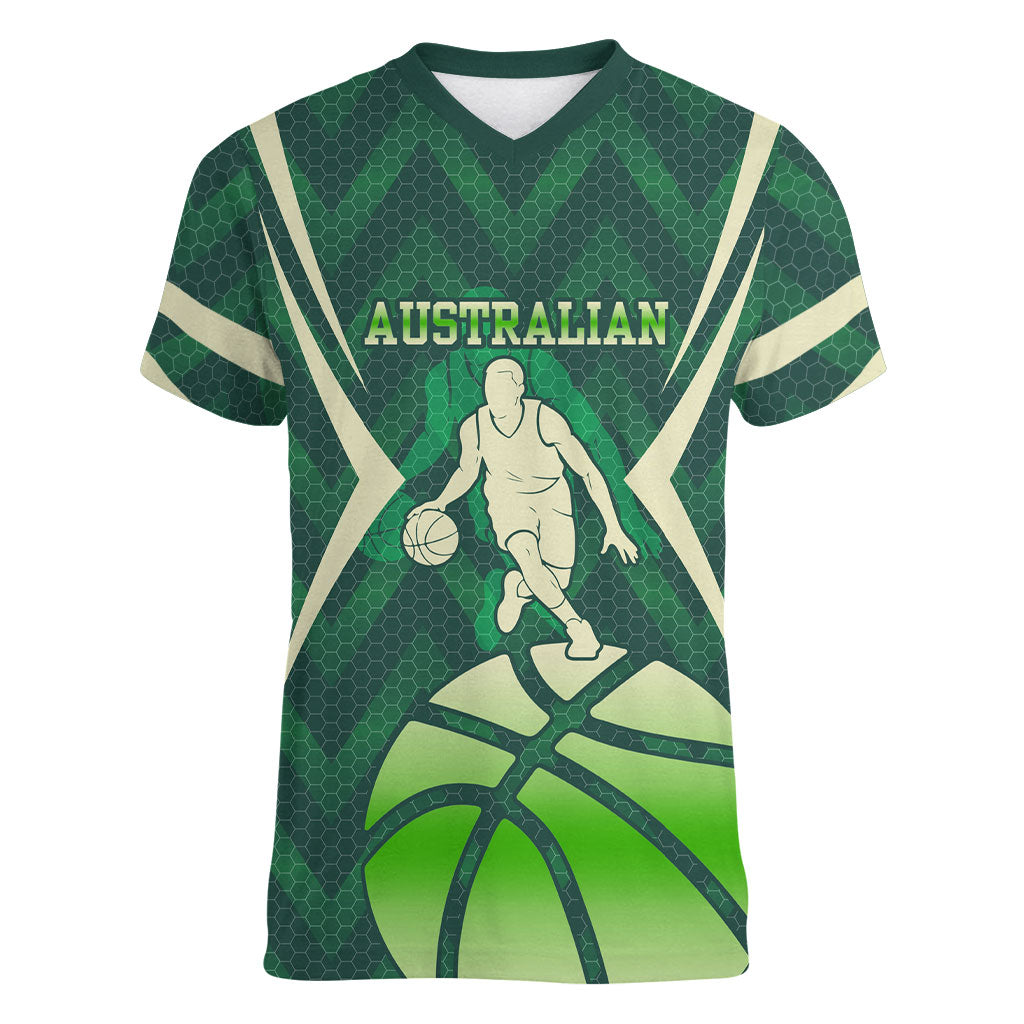Australian Boomers Basketball Women V-Neck T-Shirt Green Hexagon Camo Style With Dynamic Slam Dunk Graphic