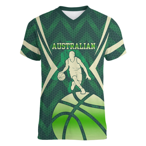 Australian Boomers Basketball Women V-Neck T-Shirt Green Hexagon Camo Style With Dynamic Slam Dunk Graphic