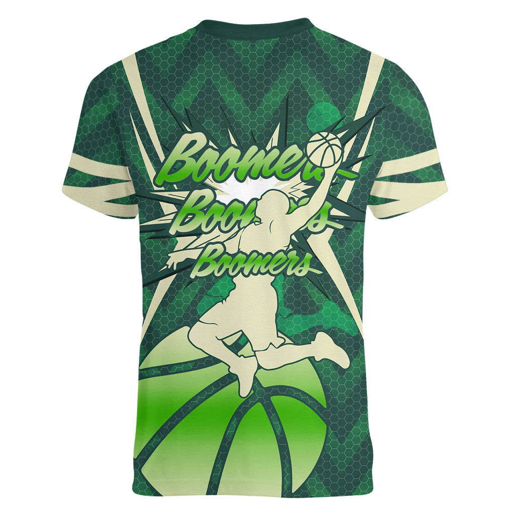 Australian Boomers Basketball Women V-Neck T-Shirt Green Hexagon Camo Style With Dynamic Slam Dunk Graphic