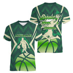 Australian Boomers Basketball Women V-Neck T-Shirt Green Hexagon Camo Style With Dynamic Slam Dunk Graphic
