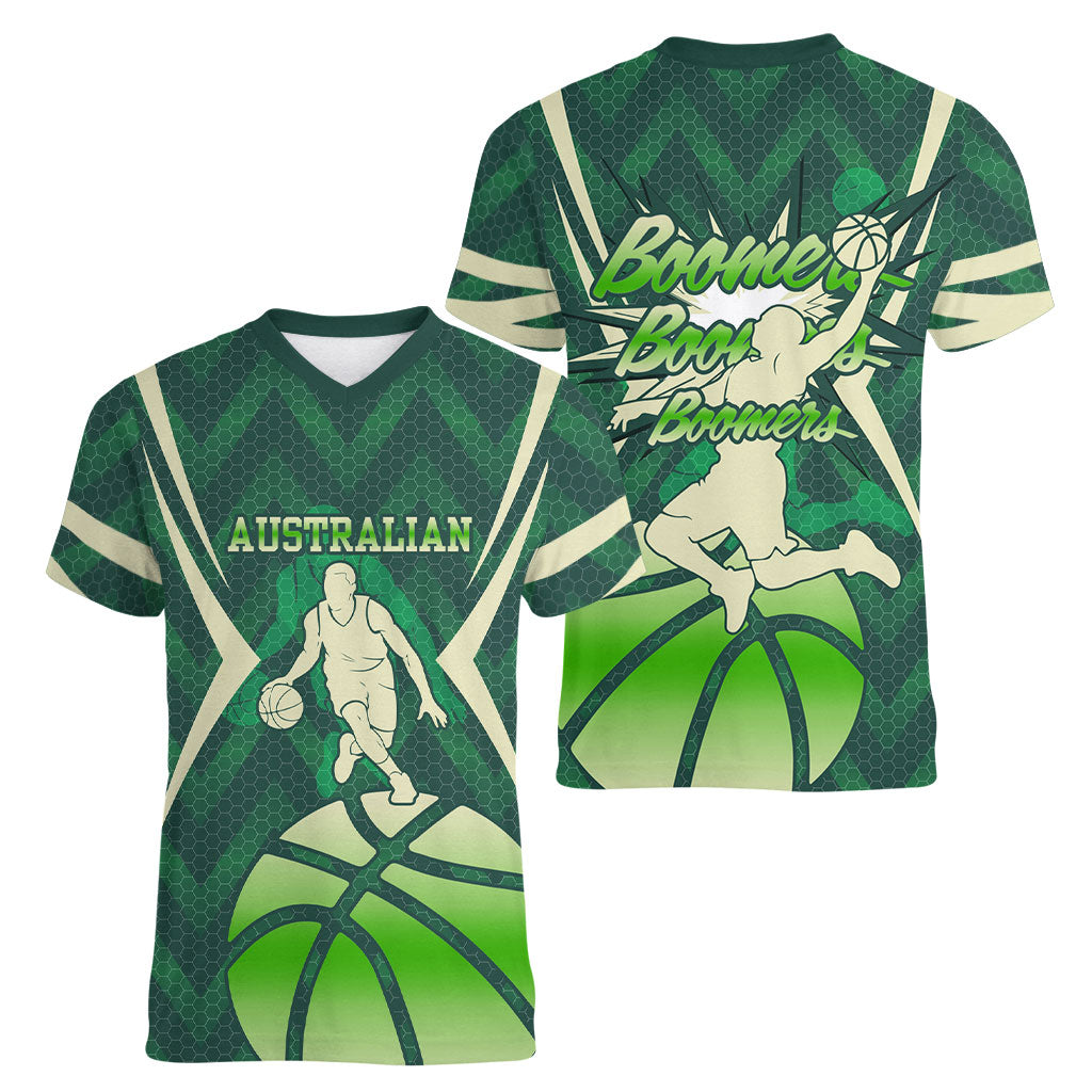 Australian Boomers Basketball Women V-Neck T-Shirt Green Hexagon Camo Style With Dynamic Slam Dunk Graphic