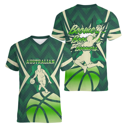 Australian Boomers Basketball Women V-Neck T-Shirt Green Hexagon Camo Style With Dynamic Slam Dunk Graphic