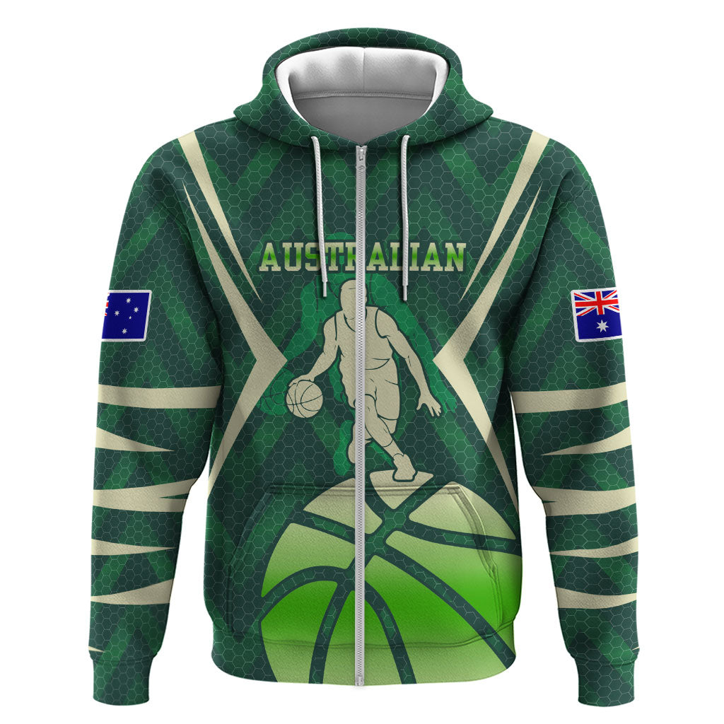 Australian Boomers Basketball Zip Hoodie Green Hexagon Camo Style With Dynamic Slam Dunk Graphic