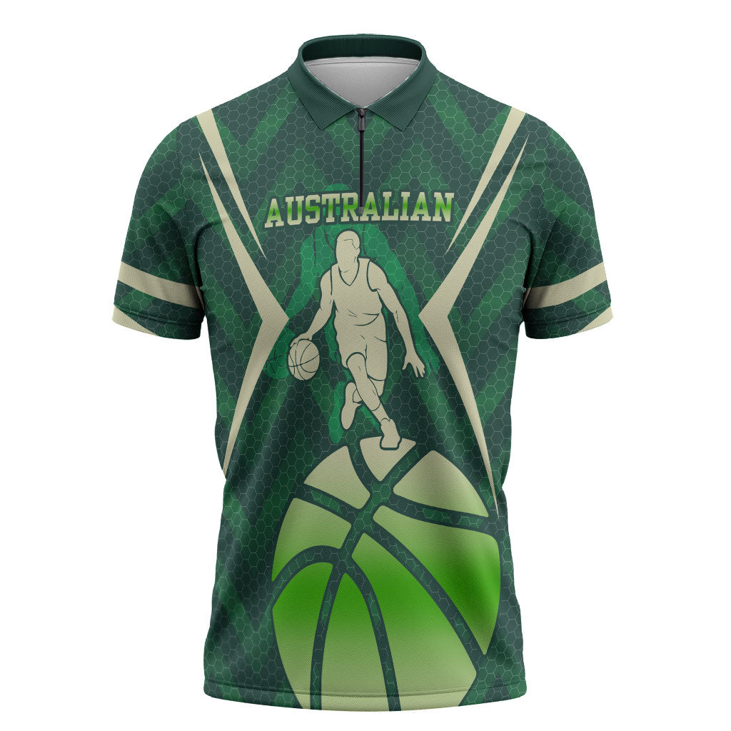 Australian Boomers Basketball Zipper Polo Shirt Green Hexagon Camo Style With Dynamic Slam Dunk Graphic