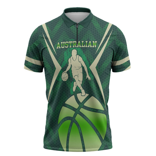 Australian Boomers Basketball Zipper Polo Shirt Green Hexagon Camo Style With Dynamic Slam Dunk Graphic