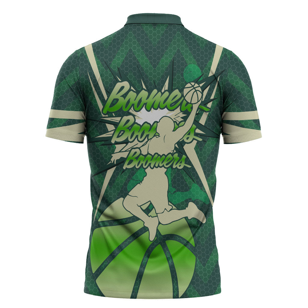 Australian Boomers Basketball Zipper Polo Shirt Green Hexagon Camo Style With Dynamic Slam Dunk Graphic