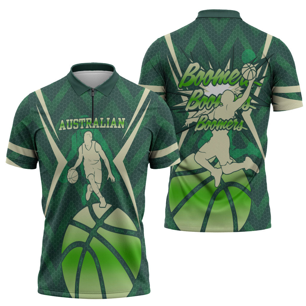 Australian Boomers Basketball Zipper Polo Shirt Green Hexagon Camo Style With Dynamic Slam Dunk Graphic