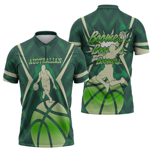 Australian Boomers Basketball Zipper Polo Shirt Green Hexagon Camo Style With Dynamic Slam Dunk Graphic