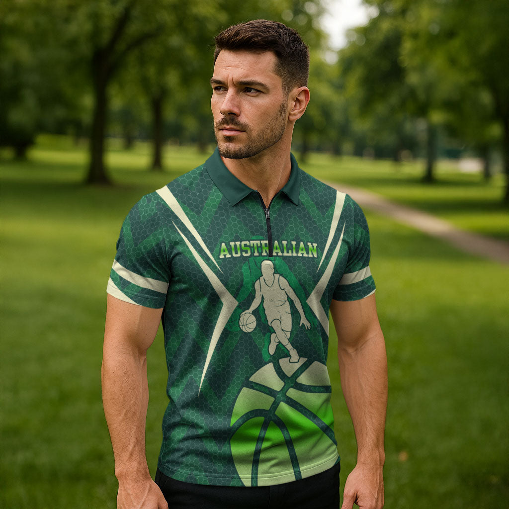 Australian Boomers Basketball Zipper Polo Shirt Green Hexagon Camo Style With Dynamic Slam Dunk Graphic