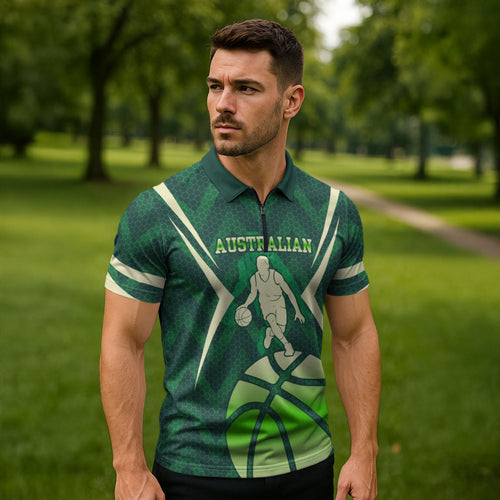 Australian Boomers Basketball Zipper Polo Shirt Green Hexagon Camo Style With Dynamic Slam Dunk Graphic