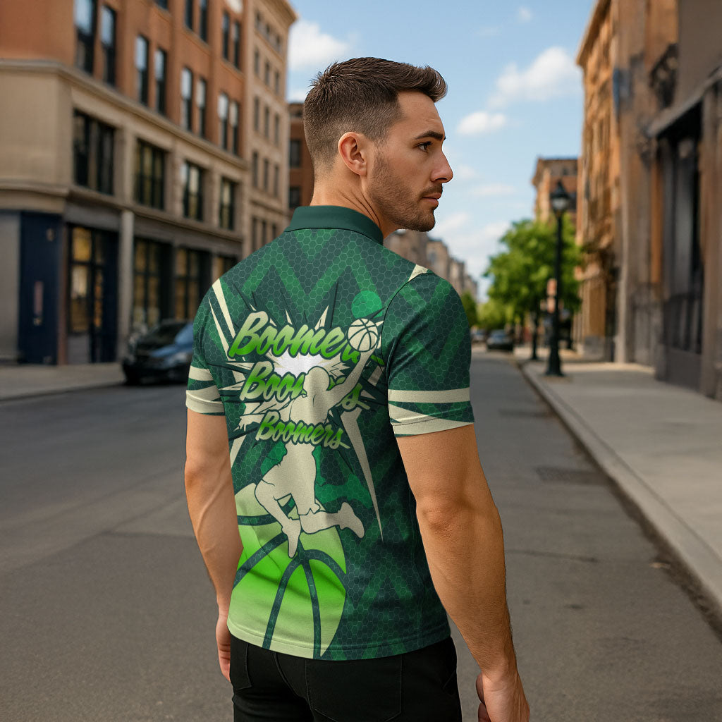 Australian Boomers Basketball Zipper Polo Shirt Green Hexagon Camo Style With Dynamic Slam Dunk Graphic