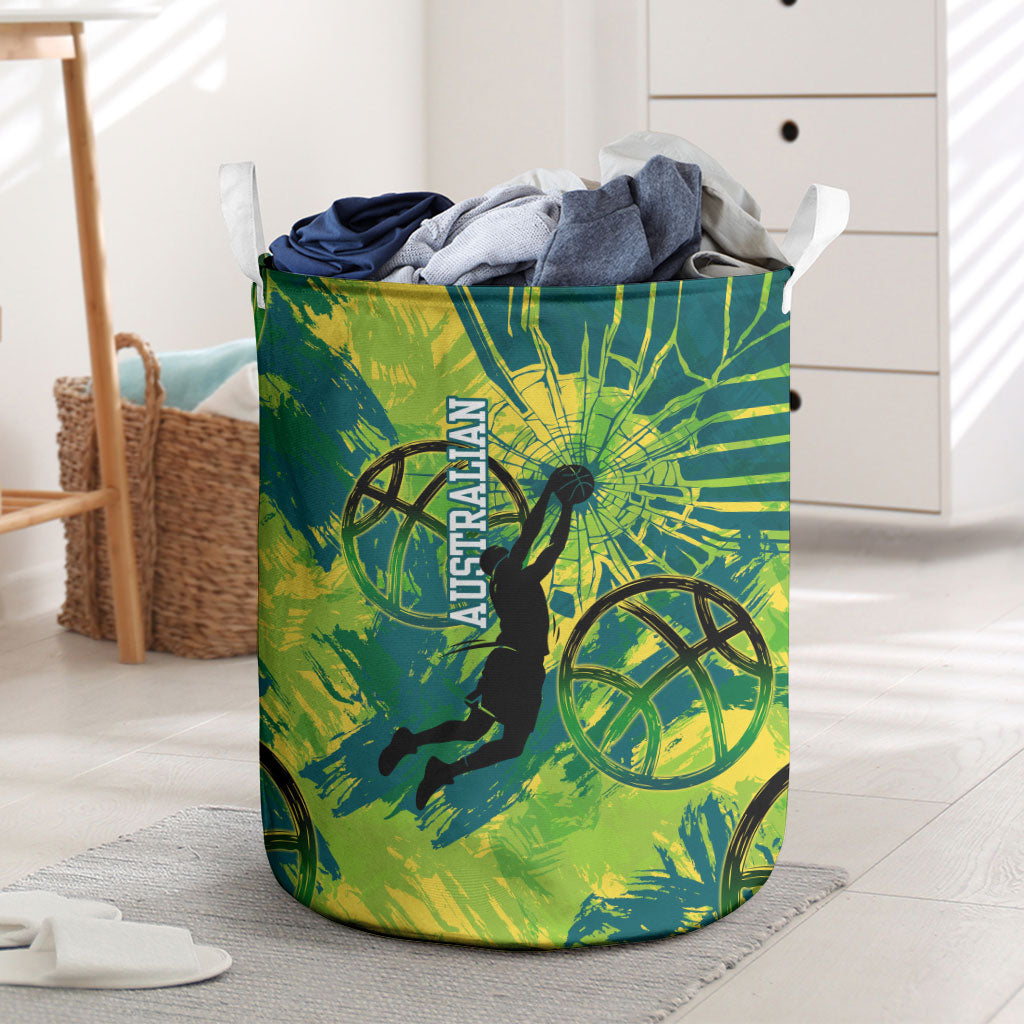 Australian Boomers Basketball Laundry Basket Shattered Glass Effect With Flaming Ball And Grunge Brushstrokes