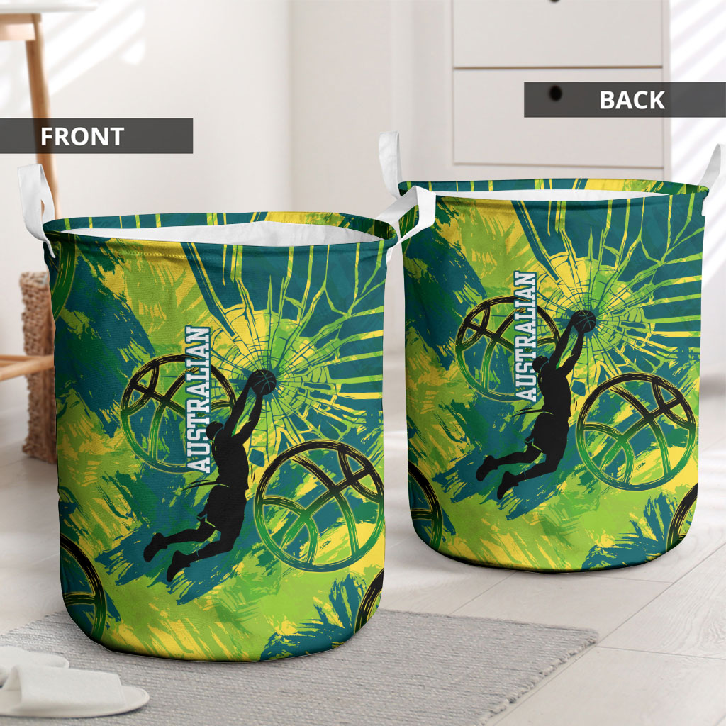 Australian Boomers Basketball Laundry Basket Shattered Glass Effect With Flaming Ball And Grunge Brushstrokes