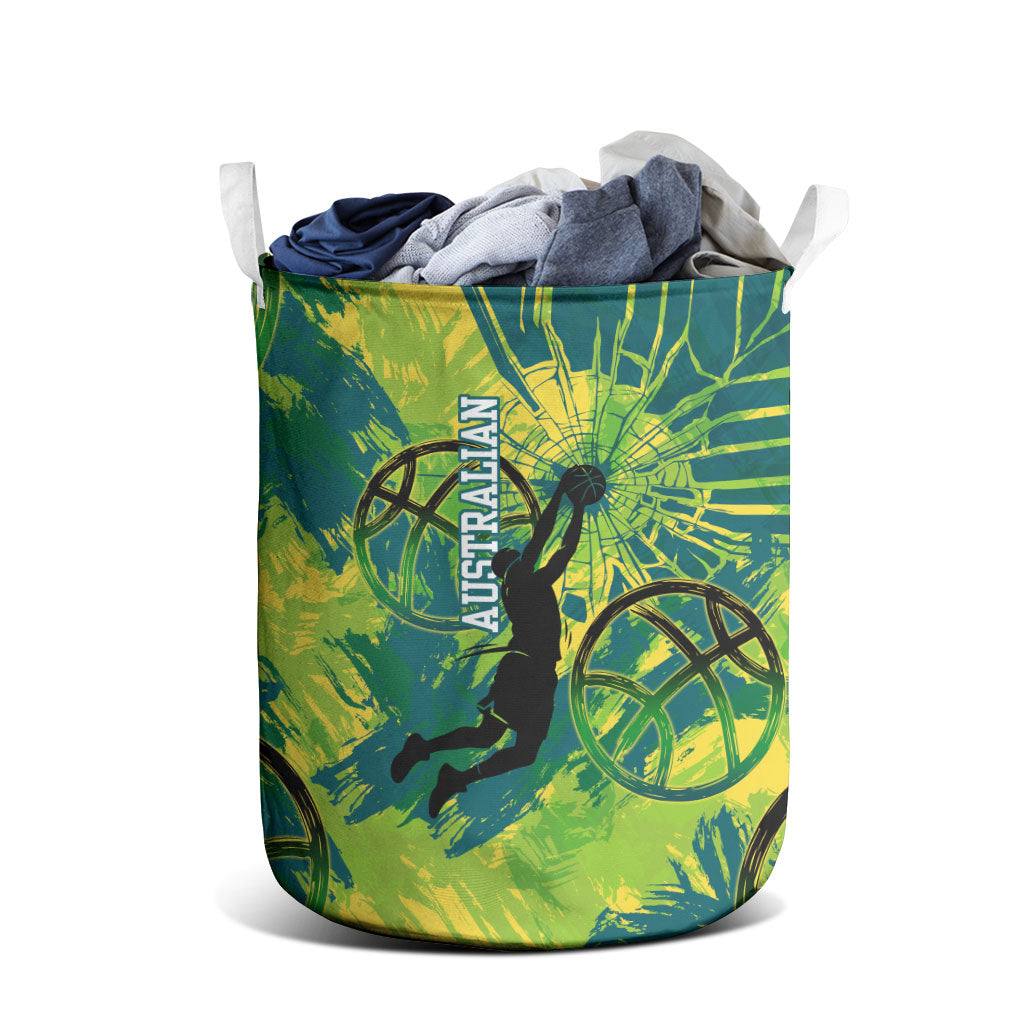 Australian Boomers Basketball Laundry Basket Shattered Glass Effect With Flaming Ball And Grunge Brushstrokes