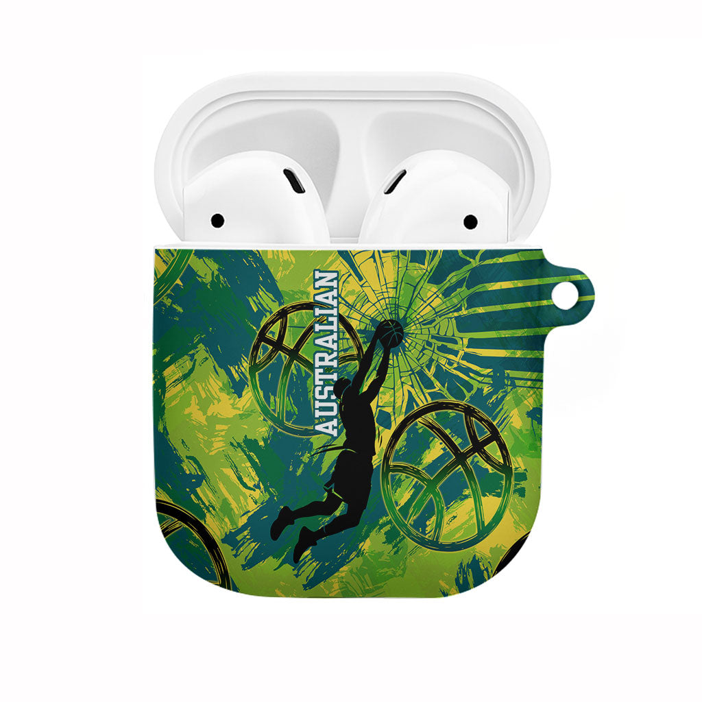Australian Boomers Basketball AirPods Case Shattered Glass Effect With Flaming Ball And Grunge Brushstrokes