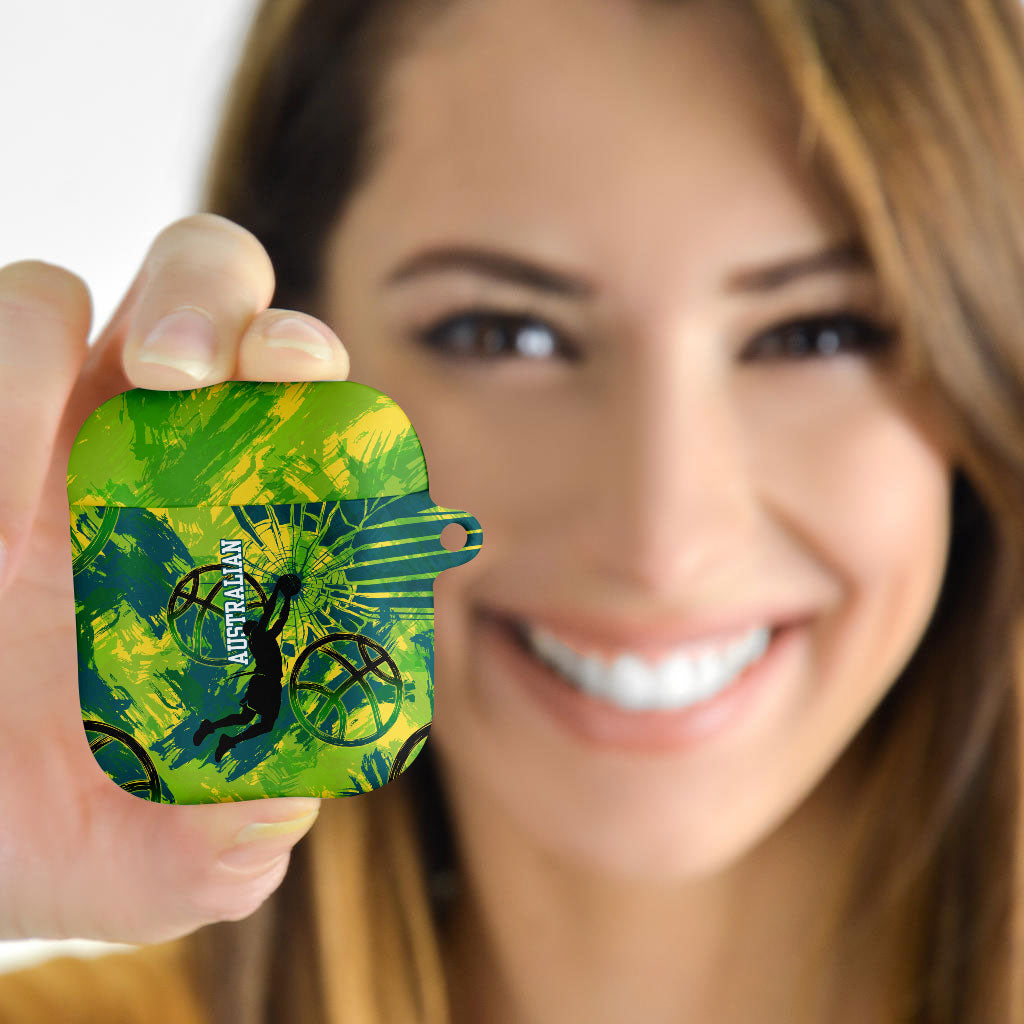 Australian Boomers Basketball AirPods Case Shattered Glass Effect With Flaming Ball And Grunge Brushstrokes