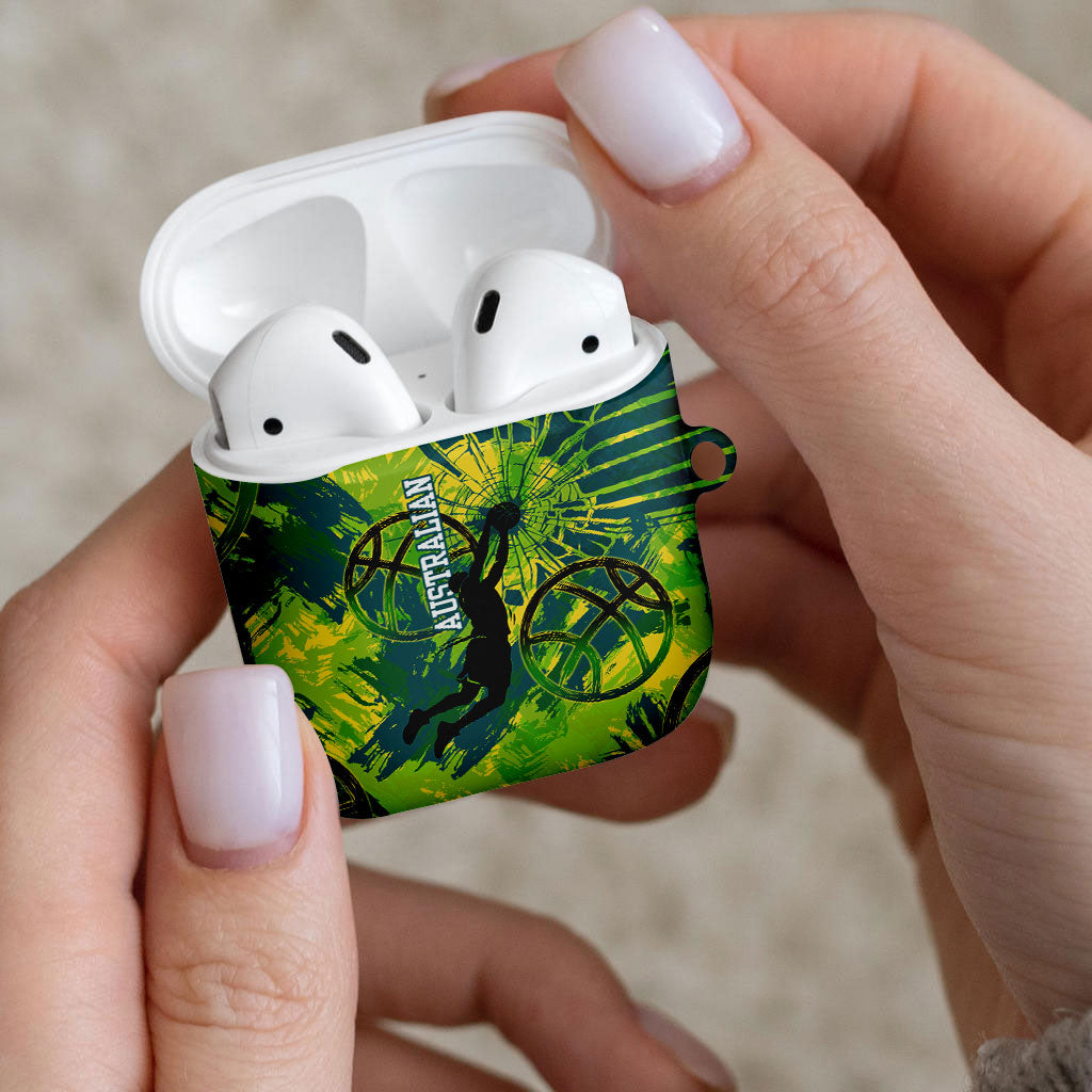 Australian Boomers Basketball AirPods Case Shattered Glass Effect With Flaming Ball And Grunge Brushstrokes