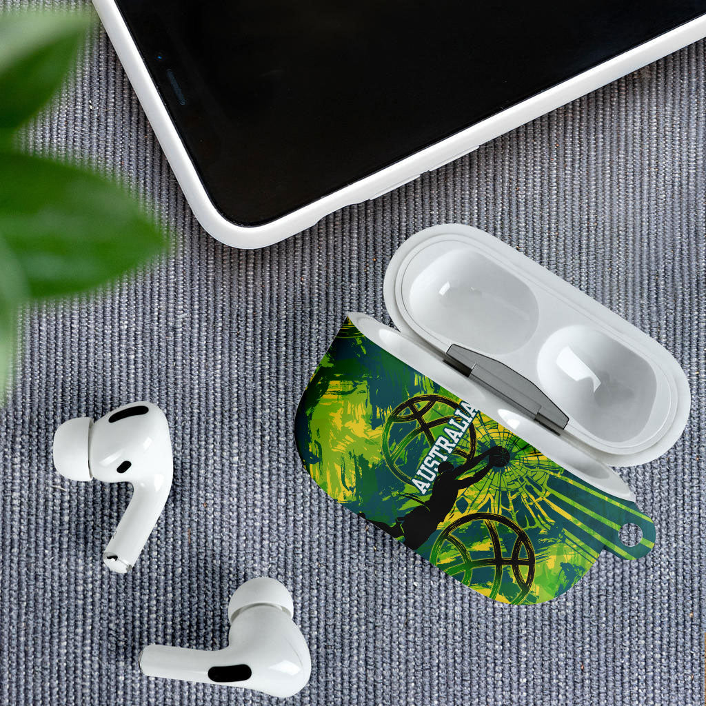 Australian Boomers Basketball AirPods Case Shattered Glass Effect With Flaming Ball And Grunge Brushstrokes