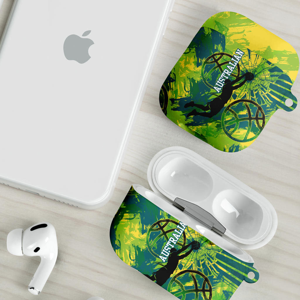Australian Boomers Basketball AirPods Case Shattered Glass Effect With Flaming Ball And Grunge Brushstrokes