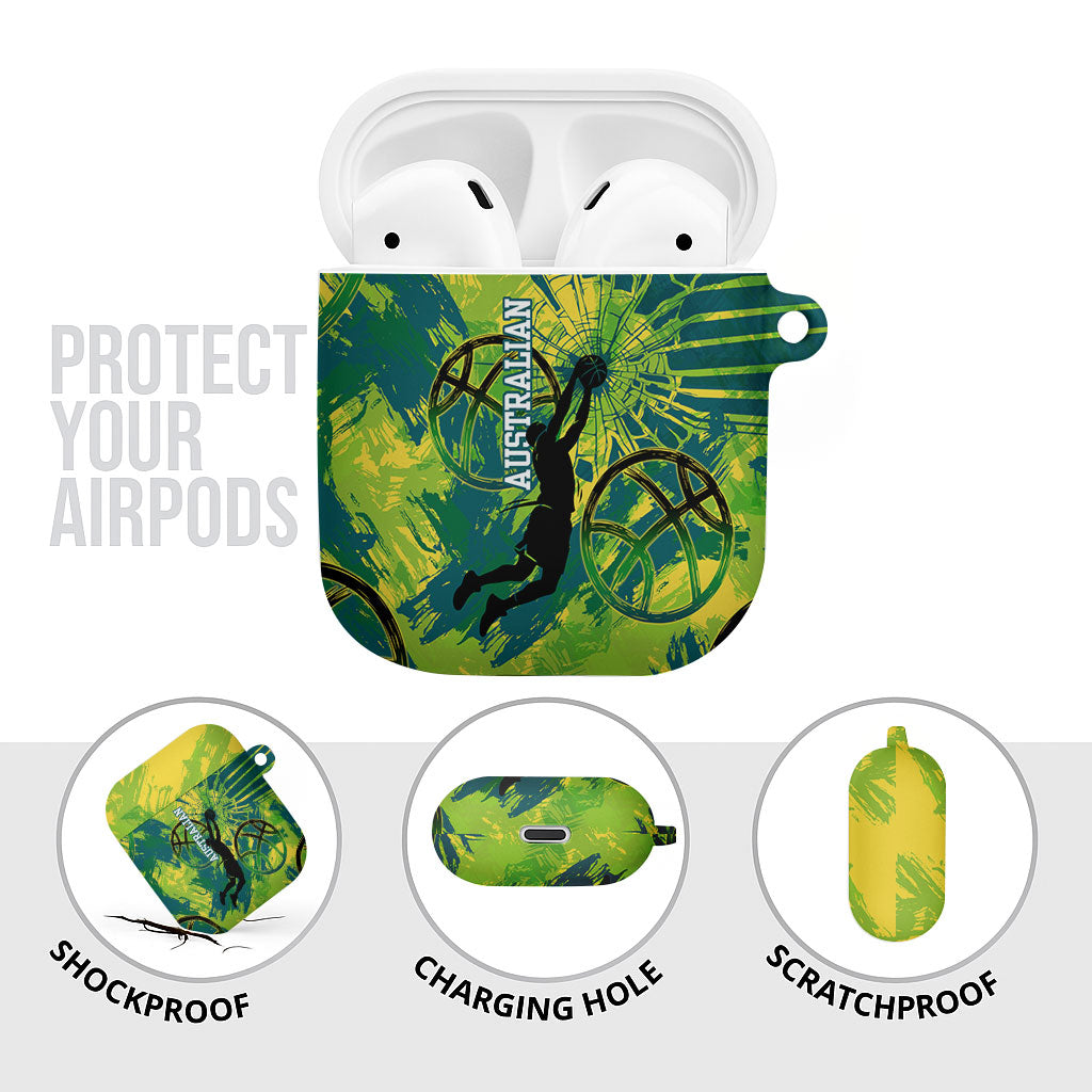 Australian Boomers Basketball AirPods Case Shattered Glass Effect With Flaming Ball And Grunge Brushstrokes